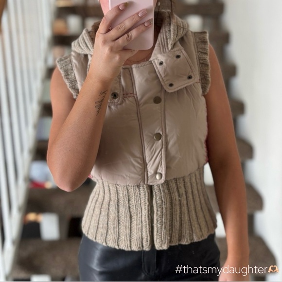 Free People Hooded Knit & Puffer Vest – Tan & Red Fair Isle – Size M - Picture 2 of 16